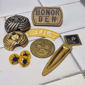 Vintage Boy Scouts Cub Lot Neckerchief Slides Enamel Brass Bookmark Coin Misc